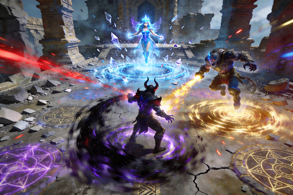 《DOTA2》游戏英雄团战截图 - 展示影魔、水晶室女、撼地者等英雄在遗迹战场上释放大招，技能特效绚丽多彩的史诗级团战