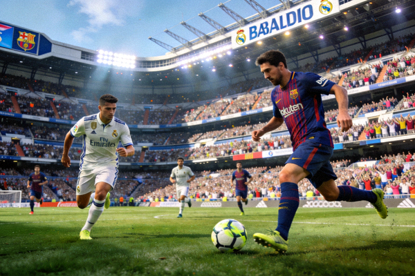 《FIFA》系列游戏比赛画面 - 展示虚拟的伯纳乌球场内，皇家马德里与巴塞罗那球员正在进行激烈角逐，观众席座无虚席