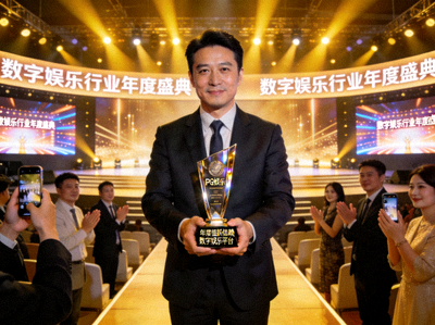 PG娱乐代表在行业颁奖典礼上领取年度值得信赖数字娱乐平台奖杯，台下观众鼓掌祝贺
