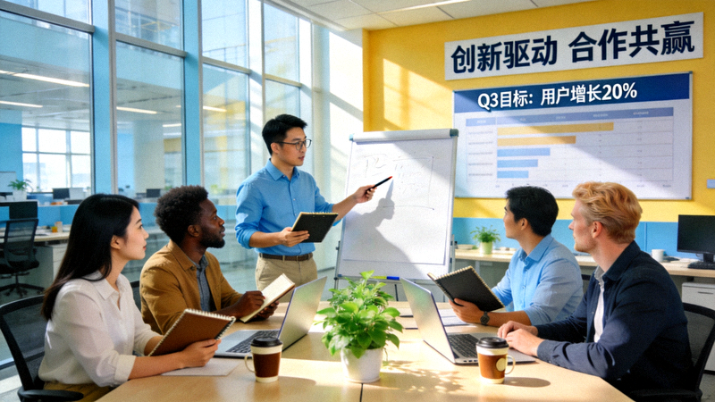 PG娱乐多元化团队成员在充满活力的办公环境中协作交流的场景，墙上挂着激励标语与项目进度看板