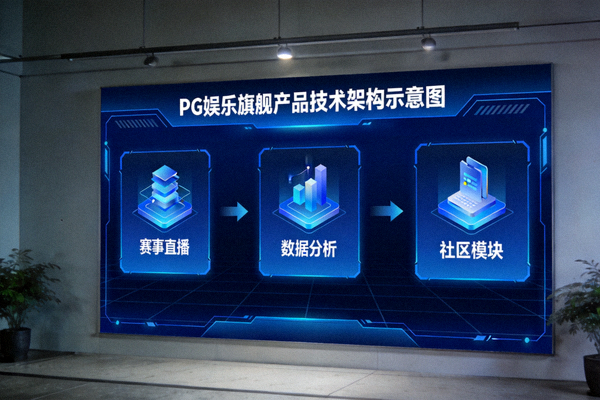 PG娱乐旗舰产品技术架构示意图 - 大屏幕上展示其赛事直播、数据分析与社区模块的互联关系