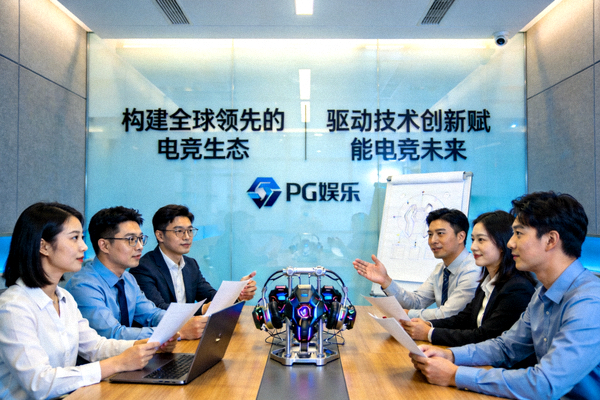 PG娱乐团队在现代化办公室中讨论电竞生态系统与技术创新的场景，背景墙上展示着品牌使命与愿景