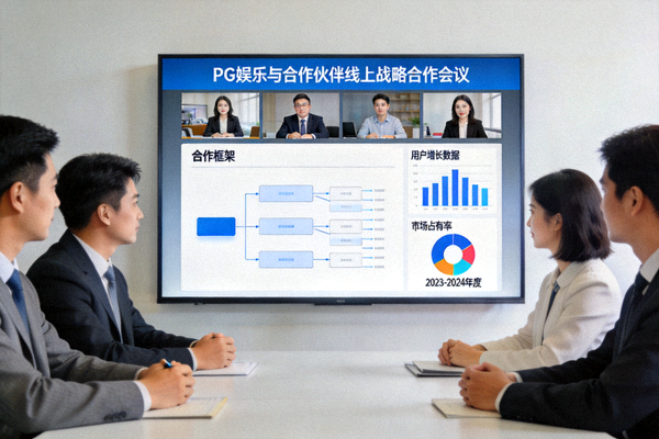 PG娱乐与合作伙伴举行线上战略合作会议的场景 - 屏幕上显示合作框架与数据图表