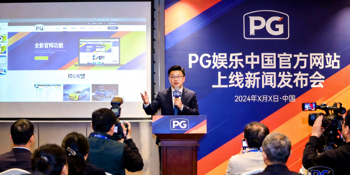 PG娱乐中国官方网站上线新闻发布会现场 - 企业代表正在介绍全新官网的功能与特色，背景是PG品牌视觉形象