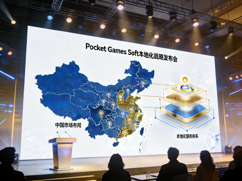 Pocket Games Soft本地化战略发布会现场 - 大屏幕展示中国市场地图与本地化服务蓝图
