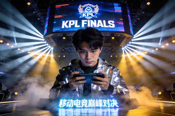 《王者荣耀》KPL职业联赛总决赛舞台灯光与选手特写 - 移动电竞的巅峰对决